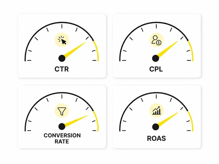 Clean flat-vector illustration of a simple dashboard with four metric gauges or dials (CTR, CPL, conversion rate, ROAS)