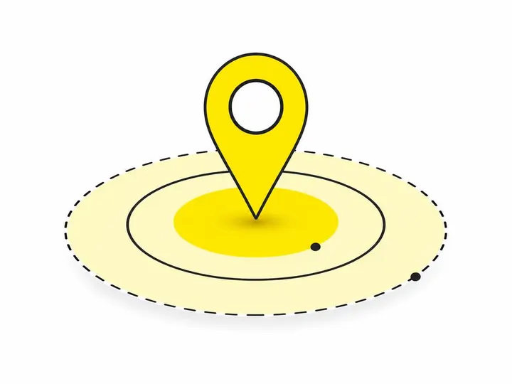 Clean modern flat-vector illustration of a map pin centered on a circular radius with concentric rings representing 5km 
