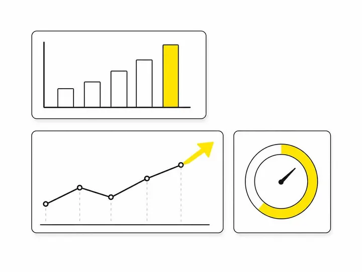 A clean modern flat-vector illustration on a pure white (#ffffff) background. A simple analytics dashboard layout: two o