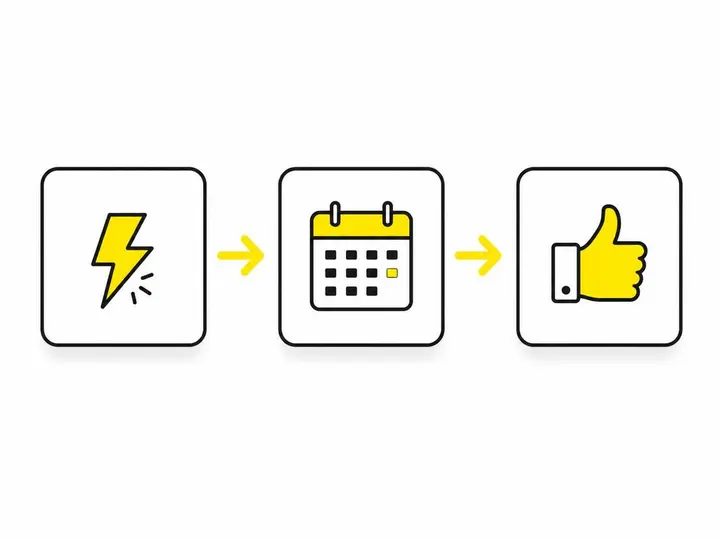 A clean flat-vector illustration on a white (#ffffff) background showing a simple automated sequence: three rectangular