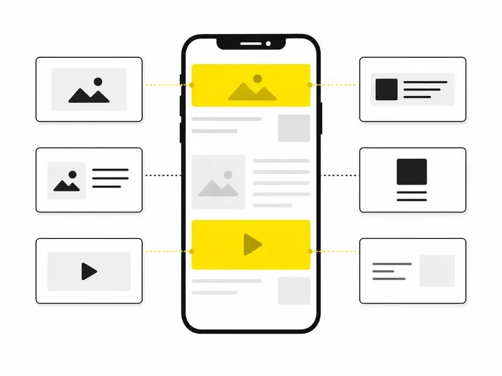 Clean modern flat-vector illustration on a pure white (#ffffff) background. A simple diagram showing six rectangular ad 