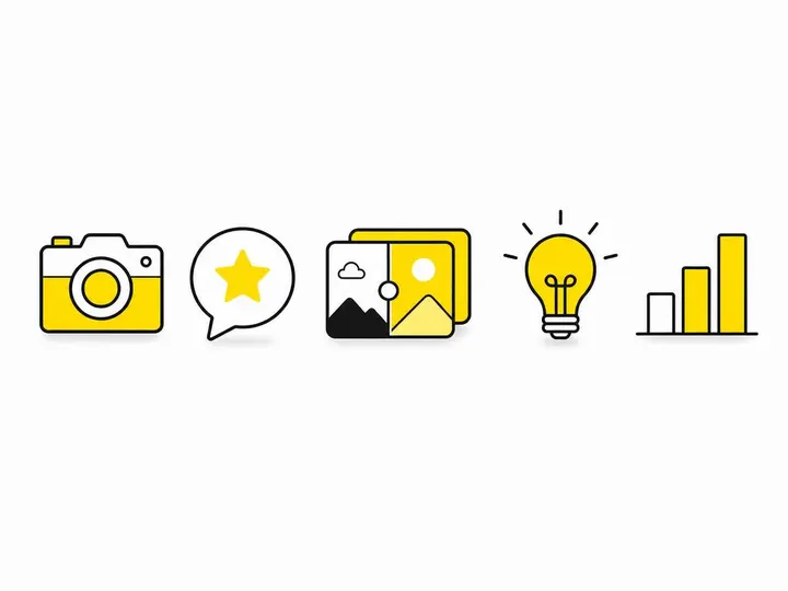 A clean modern flat-vector illustration on a pure white (#ffffff) background showing five simple post-type icons arrange