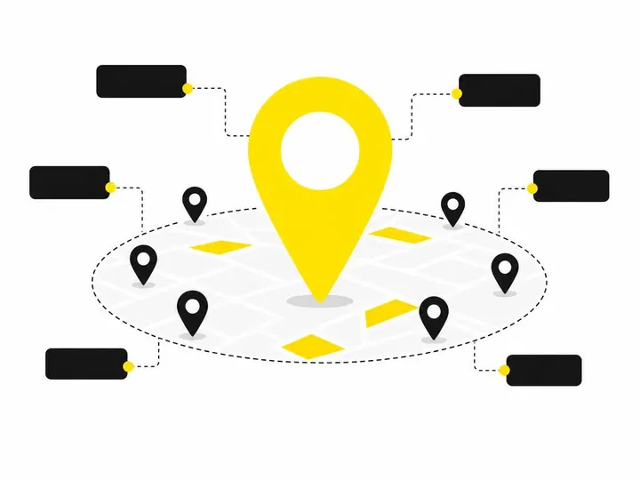 Flat-vector illustration of a map pin icon surrounded by suburb name tags and location markers, representing service are