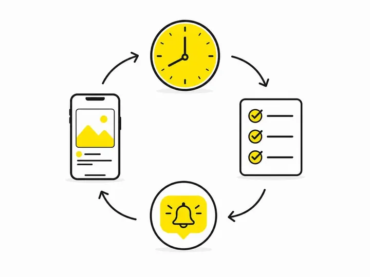 Simple flat-vector illustration of a daily content workflow: a smartphone, a clock showing morning time, a checklist wit