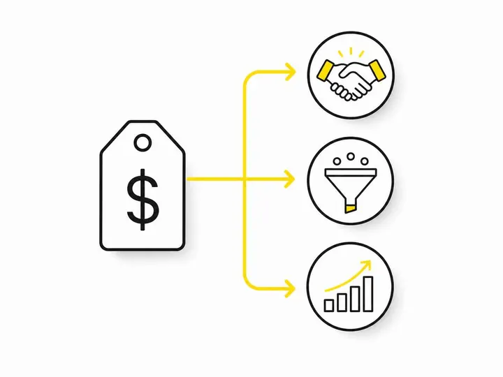 A clean modern flat-vector illustration on a pure white (#ffffff) background showing a simple price tag or dollar sign i