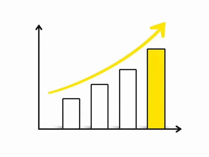 Clean modern flat-vector illustration on a CLEAN WHITE background: a simple bar chart or graph showing upward trend with