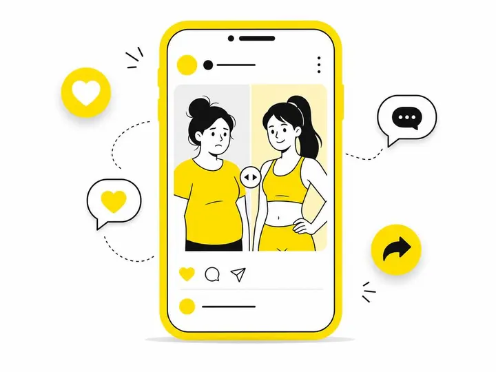 Modern flat-vector illustration of a mobile phone showing a simple social media post with a before-and-after split image