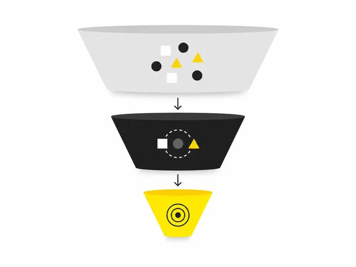 Clean modern flat-vector illustration on a pure white (#ffffff) background. A simple diagram showing a content funnel: t