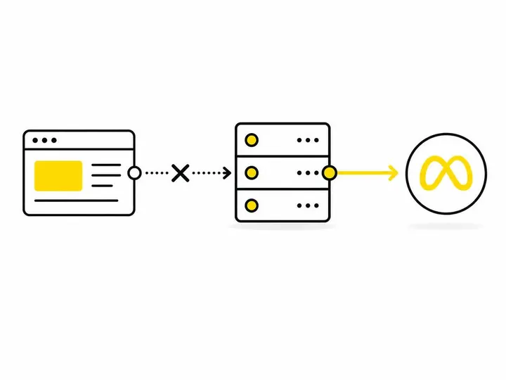 A clean modern flat-vector illustration on a pure white (#ffffff) background. Two simplified browser and server icons si