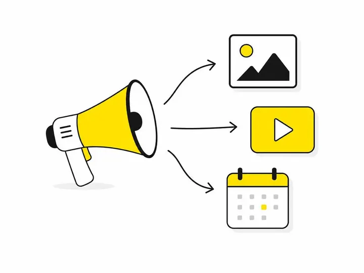 Clean modern flat-vector illustration: a simple speech bubble or megaphone icon on the left, with three visual content i