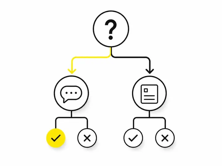 Clean modern flat-vector illustration on a pure white (#ffffff) background depicting a simple decision-tree diagram — a