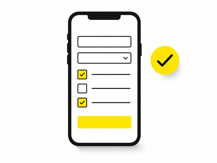 Clean modern flat-vector illustration of a smartphone silhouette with a simplified form interface on the screen: checkbo