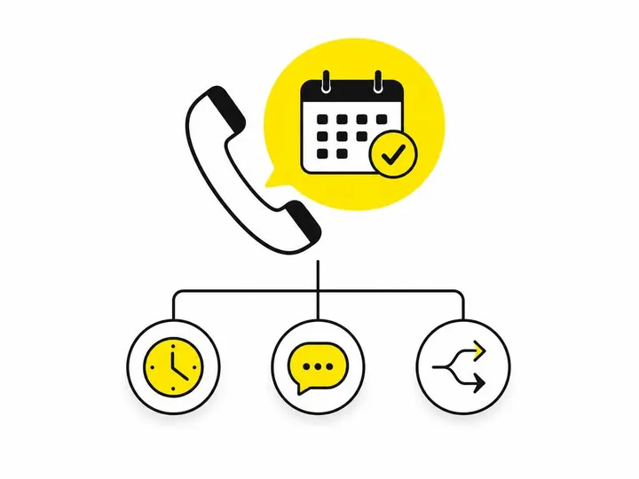 A clean modern flat-vector illustration on a pure white (#ffffff) background. Shows a phone handset icon with a vivid ye