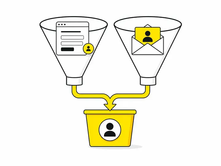 Clean modern flat-vector illustration on a pure white (#ffffff) background. Two simplified funnel shapes side by side, o