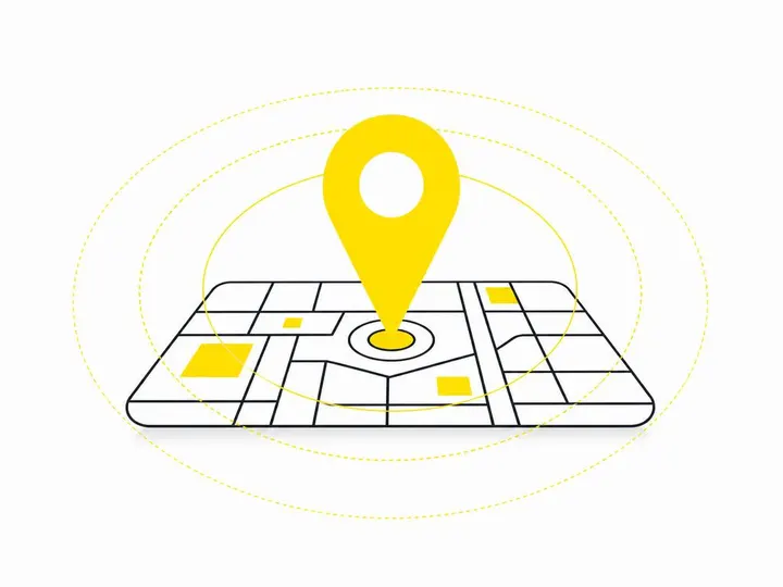 Clean modern flat-vector illustration on a pure white (#ffffff) background. A stylised Google Maps pin in vivid yellow (