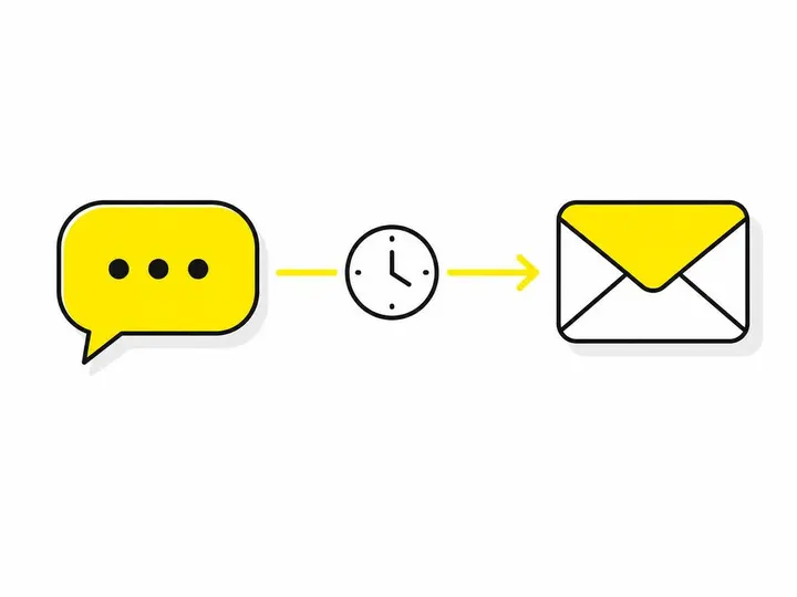 Flat-vector illustration on a clean white (#ffffff) background showing a two-step SMS and email follow-up sequence: two 