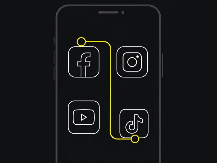 Flat-vector illustration: a smartphone screen displaying four app icons (Facebook, Instagram, YouTube, TikTok) arranged