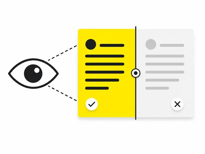 Flat-vector illustration showing an eye symbol viewing text with good vs poor contrast, split composition on clean white
