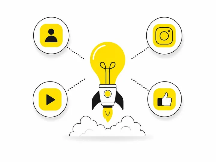 Clean modern flat-vector illustration showing four platform icons (LinkedIn, Instagram, TikTok, Facebook) as simple geom