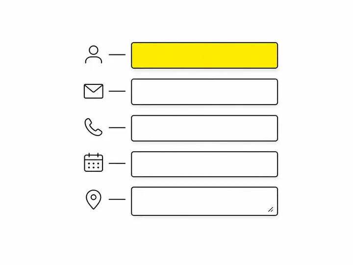 Clean modern flat-vector illustration on a pure white (#ffffff) background: a simple web form outline with five labelled