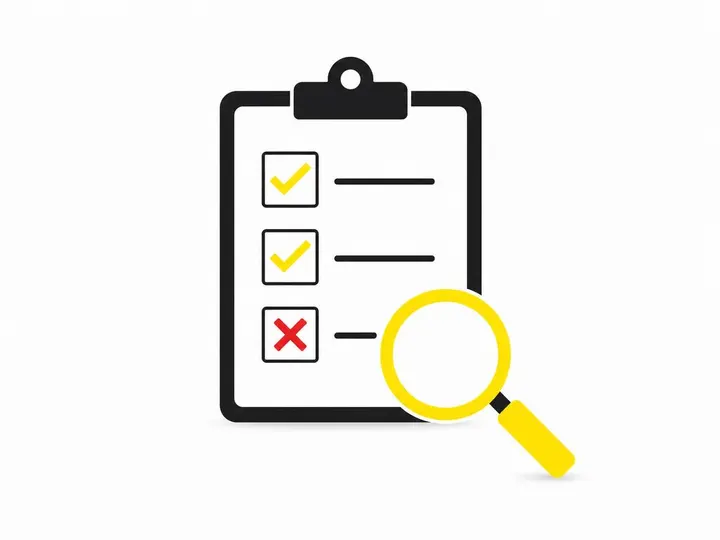 A clean modern flat-vector illustration on a pure white (#ffffff) background showing a checklist clipboard icon in dark