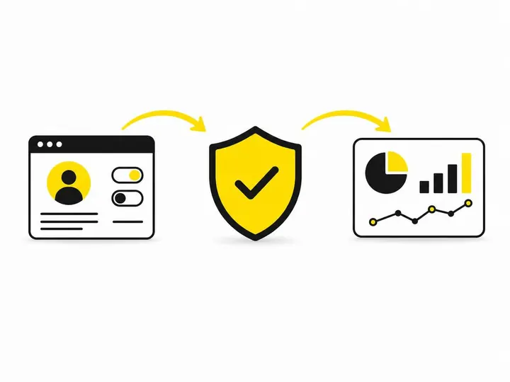 Clean modern flat-vector illustration showing three connected geometric icons representing the consent system: a browser