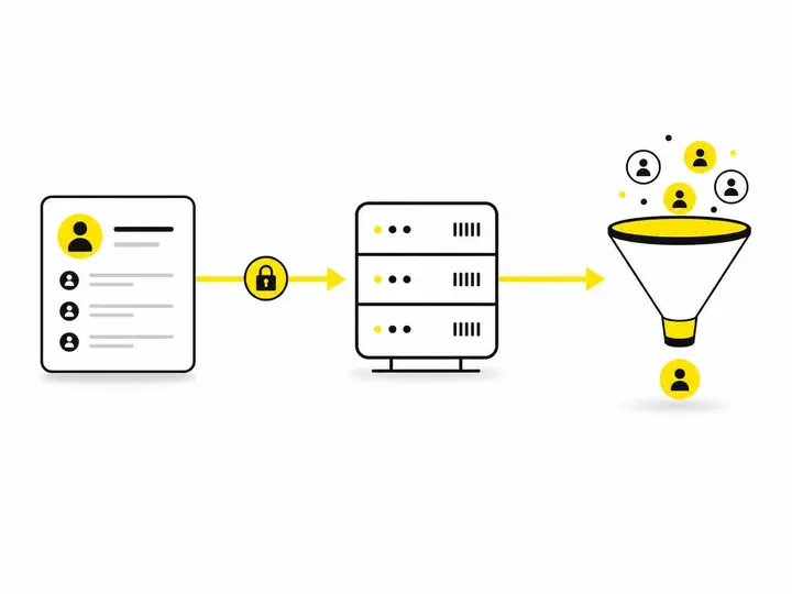 A clean modern flat-vector illustration on a pure white (#ffffff) background. A simple workflow diagram: a CRM rectangle