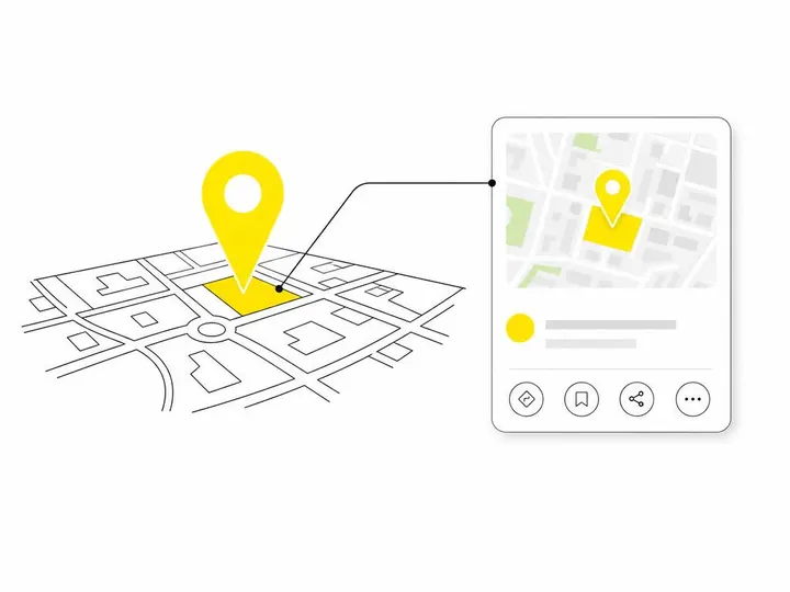 Clean modern flat-vector illustration on a pure white (#ffffff) background. A simple map pin icon above a simplified str