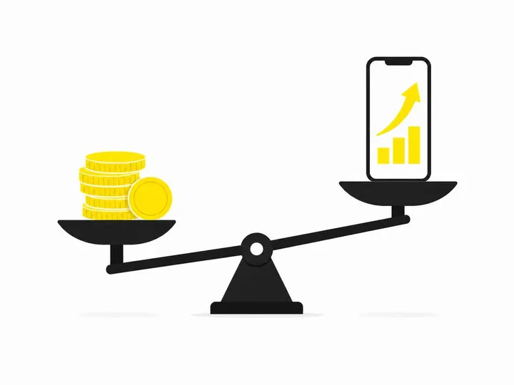 A clean flat-vector illustration on a pure white (#ffffff) background showing a simple balance scale in dark charcoal (#