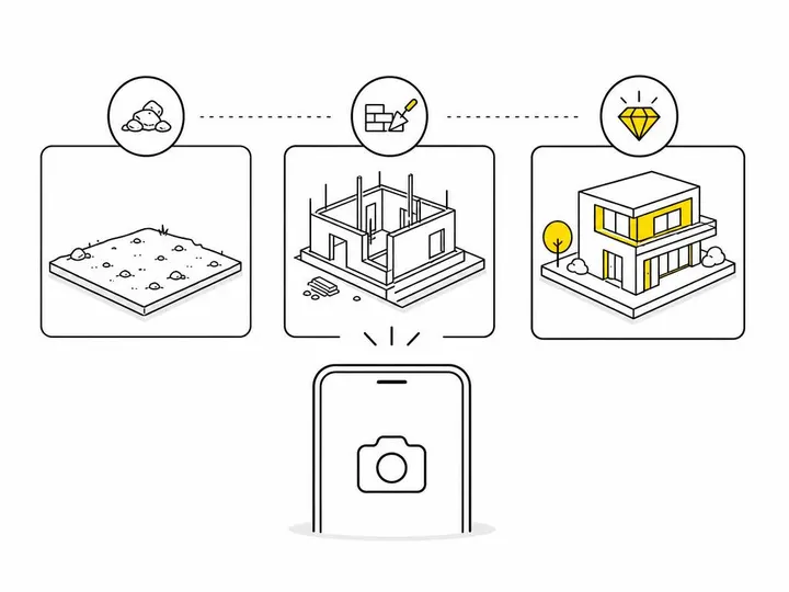 Clean modern flat-vector illustration on a pure white (#ffffff) background. A simple phone outline with a camera icon ca