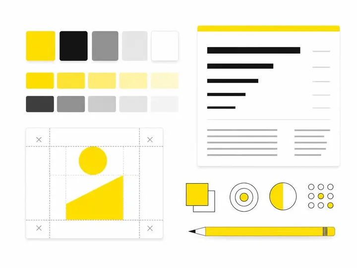 Clean modern flat-vector illustration showing core style guide elements: a colour palette with swatches, typography spec