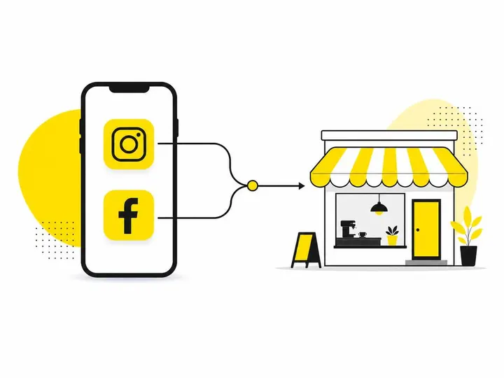 Clean modern flat-vector illustration of a smartphone with Instagram and Facebook app icons connected by flowing lines t