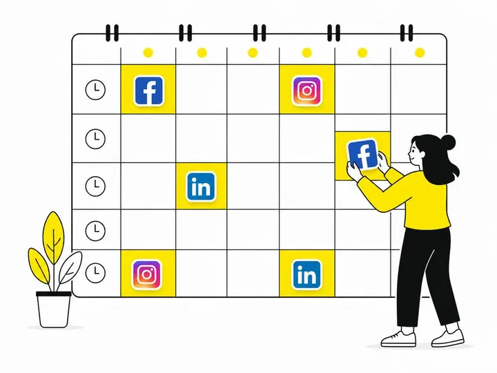 Clean modern flat-vector illustration of a weekly calendar grid with colourful social media post icons (Facebook, Instag