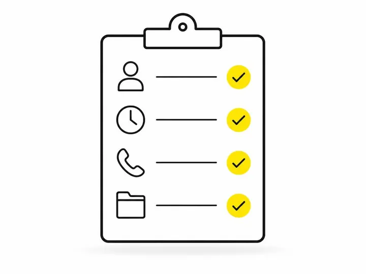 A clean flat-vector illustration on a white (#ffffff) background of a simple checklist-style graphic: a clipboard outlin
