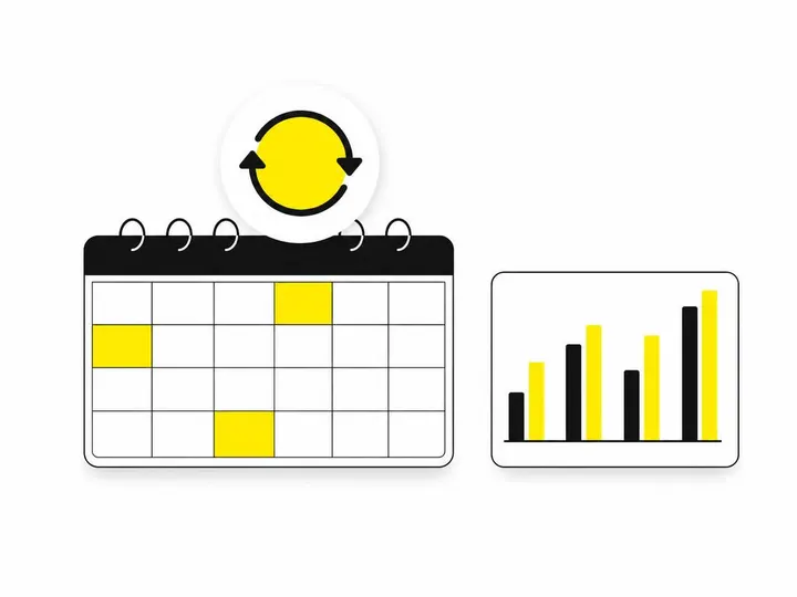 Clean modern flat-vector illustration on a pure white (#ffffff) background. A simple monthly calendar grid in dark charc