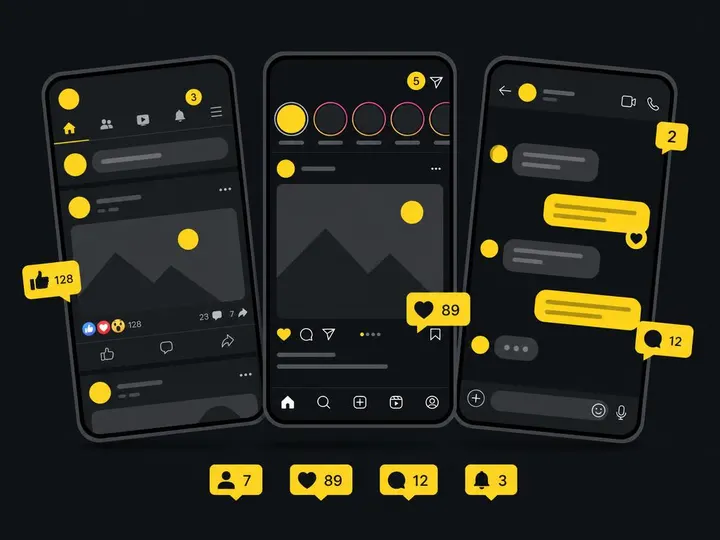 Flat vector illustration showing three simplified phone screens displaying Facebook, Instagram, and a messaging app inte