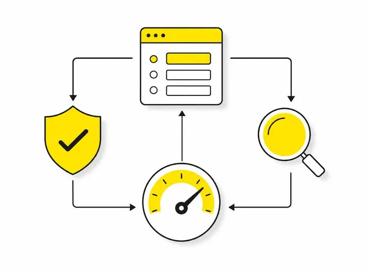 Clean modern flat-vector illustration showing interconnected plugin icons as simple geometric shapes—a form icon, shield