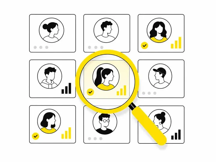 Clean modern flat-vector illustration of a magnifying glass hovering over simplified Instagram profile thumbnails in a g