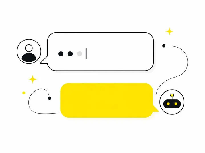 Clean modern flat-vector illustration of a chat interface with a prompt being typed and a caption appearing as output. S