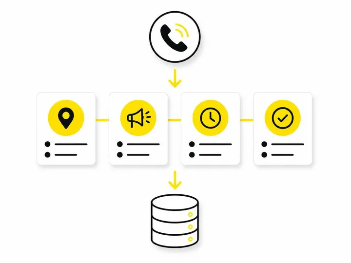A clean modern flat-vector illustration on a pure white (#ffffff) background showing a call data capture flow: a phone i