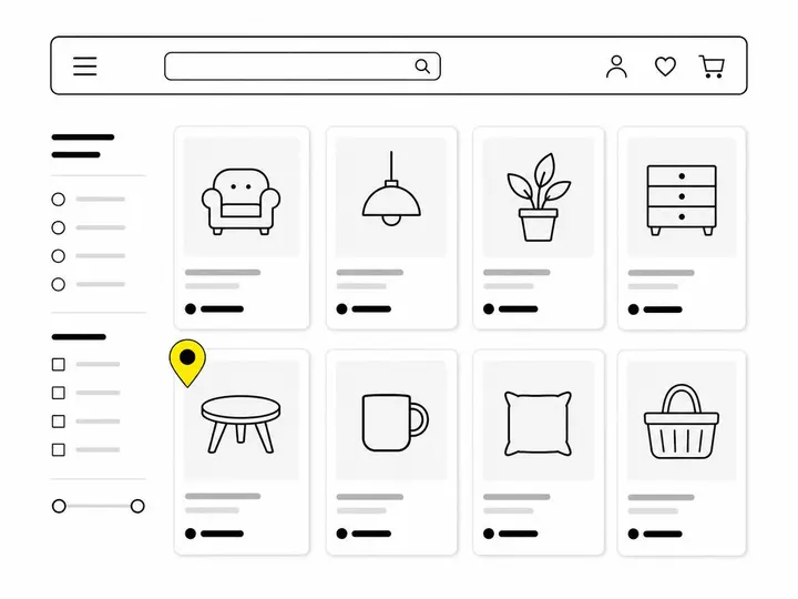 A clean modern flat-vector illustration on a pure white (#ffffff) background showing a simplified ecommerce category pag