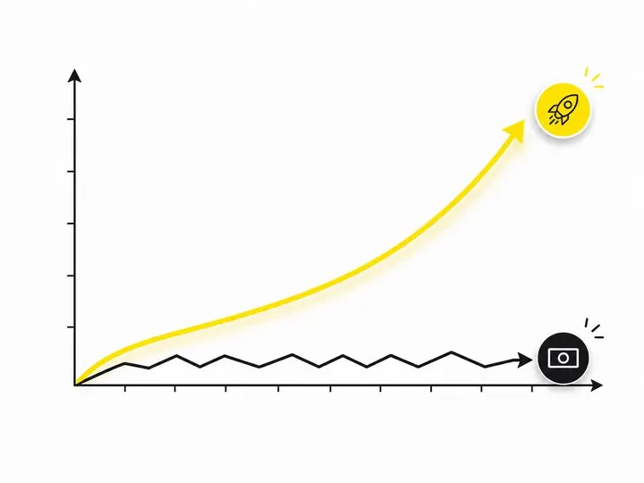 Clean modern flat-vector illustration on a pure white (#ffffff) background. A simple upward-trending line graph with a l