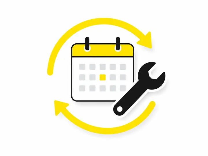 Clean modern flat-vector illustration of a calendar icon with circular arrows representing follow-up reminders and a wre