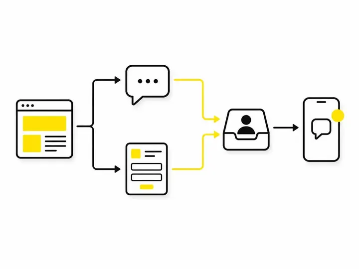 Clean modern flat-vector illustration on a pure white (#ffffff) background showing a connected workflow: a website icon