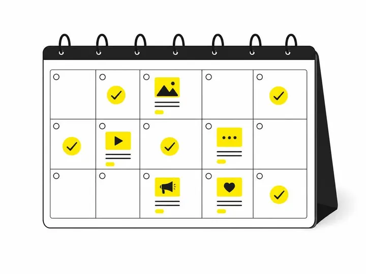 Flat-vector illustration of a content calendar grid with checkmarks and posts scheduled across days of the week. Simple 