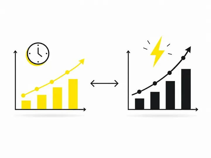 Clean flat-vector illustration on a pure white (#ffffff) background: two simple upward-trending graphs side by side in f