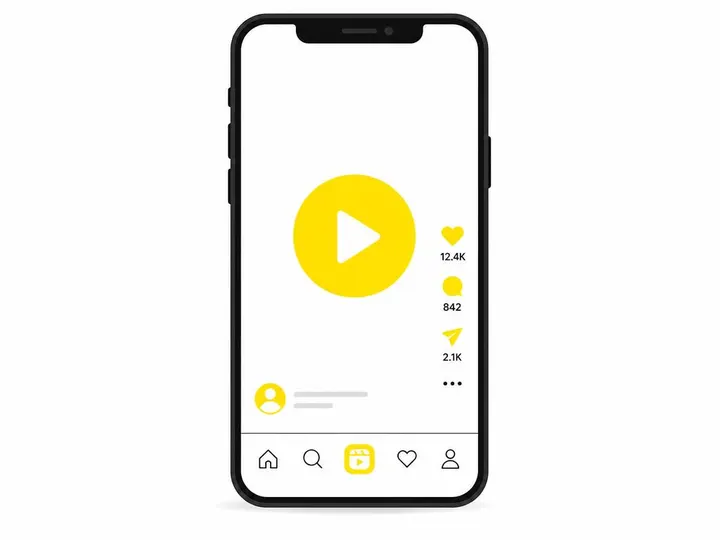 Clean flat-vector illustration of a smartphone screen showing a Reels interface with a play button and engagement metric
