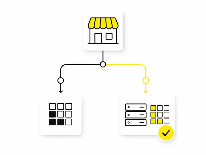 A clean modern flat-vector illustration on a pure white (#ffffff) background. A simple decision-tree flowchart with geom