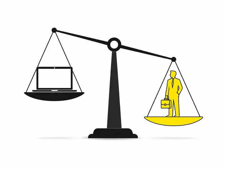 Clean modern flat-vector illustration on a pure white (#ffffff) background. A simple balance scale: on the left pan sits