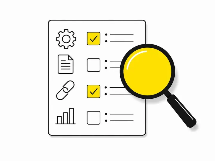 A clean modern flat-vector illustration on a pure white (#ffffff) background depicting a magnifying glass over a checkli
